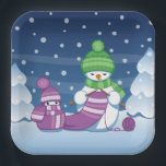 Crafty Snowman Knitting Scarf Paper Plates<br><div class="desc">Vector illustration of two adorable cartoon snowmen dressed in knitted hats and scarves. The big crafty snowman is knitting an oversized scarf for the little one. The scarf is already wrapped several times around the cute little snowman.</div>