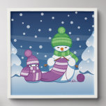 Crafty Snowman Knitting Scarf Peel And Stick Photo Tile<br><div class="desc">Vector illustration of two adorable cartoon snowmen dressed in knitted hats and scarves. The big crafty snowman is knitting an oversized scarf for the little one. The scarf is already wrapped several times around the cute little snowman.</div>