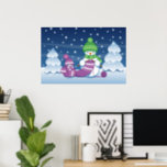 Crafty Snowman Knitting Scarf Poster<br><div class="desc">Vector illustration of two adorable cartoon snowmen dressed in knitted hats and scarves. The big crafty snowman is knitting an oversized scarf for the little one. The scarf is already wrapped several times around the cute little snowman.</div>