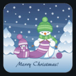 Crafty Snowman Knitting Scarf Square Sticker<br><div class="desc">Vector illustration of two adorable cartoon snowmen dressed in knitted hats and scarves. The big crafty snowman is knitting an oversized scarf for the little one. The scarf is already wrapped several times around the cute little snowman.</div>