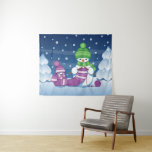 Crafty Snowman Knitting Scarf Tapestry<br><div class="desc">Vector illustration of two adorable cartoon snowmen dressed in knitted hats and scarves. The big crafty snowman is knitting an oversized scarf for the little one. The scarf is already wrapped several times around the cute little snowman.</div>