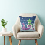 Crafty Snowman Knitting Scarf Throw Pillow<br><div class="desc">Vector illustration of two adorable cartoon snowmen dressed in knitted hats and scarves. The big crafty snowman is knitting an oversized scarf for the little one. The scarf is already wrapped several times around the cute little snowman.</div>