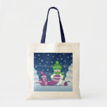 Crafty Snowman Knitting Scarf Tote Bag<br><div class="desc">Vector illustration of two adorable cartoon snowmen dressed in knitted hats and scarves. The big crafty snowman is knitting an oversized scarf for the little one. The scarf is already wrapped several times around the cute little snowman.</div>