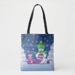 Crafty Snowman Knitting Scarf Tote Bag<br><div class="desc">Vector illustration of two adorable cartoon snowmen dressed in knitted hats and scarves. The big crafty snowman is knitting an oversized scarf for the little one. The scarf is already wrapped several times around the cute little snowman.</div>
