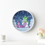 Crafty Snowman Knitting Scarf Wall Clock<br><div class="desc">Vector illustration of two adorable cartoon snowmen dressed in knitted hats and scarves. The big crafty snowman is knitting an oversized scarf for the little one. The scarf is already wrapped several times around the cute little snowman.</div>