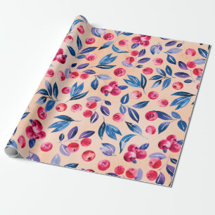Cranberries and leaves, watercolor red wild berrie wrapping paper