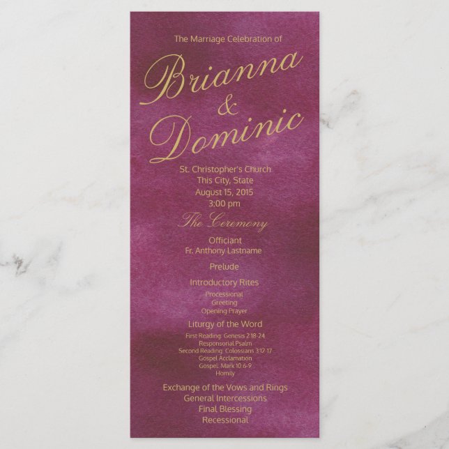 Cranberry and Gold Watercolor Wedding Program (Front)