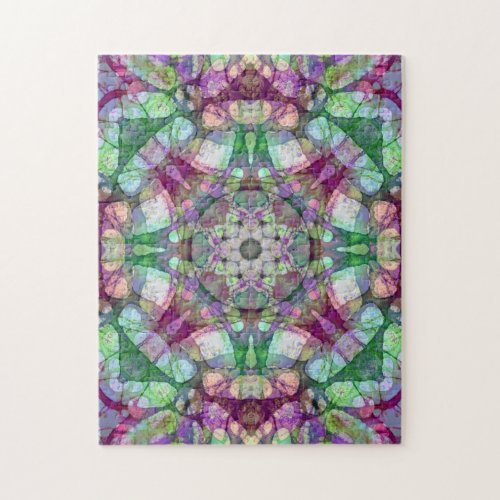 Cranberry and Green Madras Mandala Kaleidoscope Jigsaw Puzzle