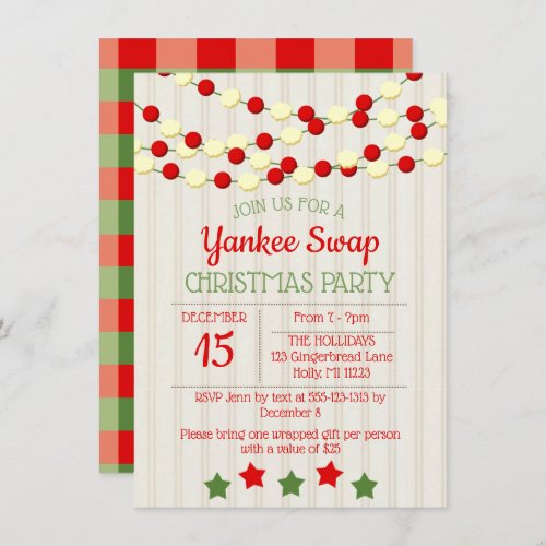 Cranberry and Popcorn Rustic Beadboard Christmas Invitation