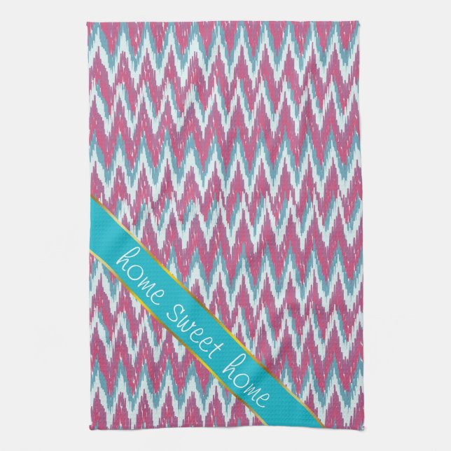 Cranberry and Teal iKat ZigZag Pattern Kitchen Towel (Vertical)