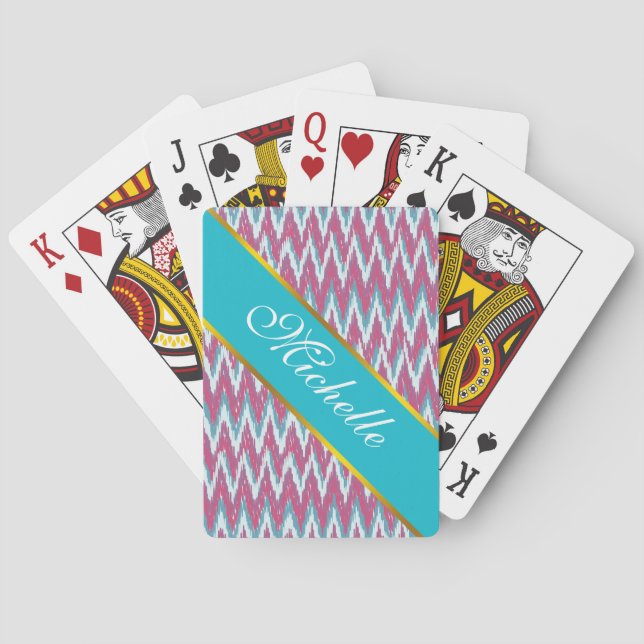 Cranberry and Teal iKat ZigZag Pattern Poker Cards (Back)