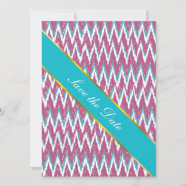 Cranberry and Teal iKat ZigZag Pattern Save The Date (Front)