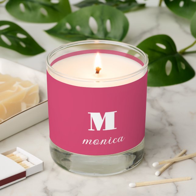 Cranberry and White Modern Monogram Name  Scented Candle (Lit)