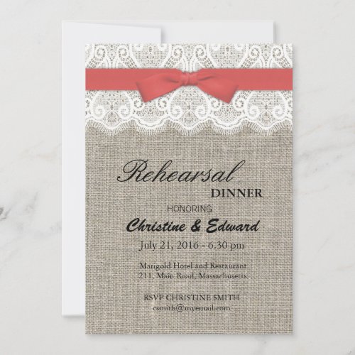 Cranberry Bow and Lace Wedding Rehearsal Dinner Invitation