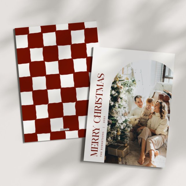 Cranberry Checkered Christmas Family Photo Holiday Card (Creator Uploaded)