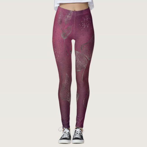 Cranberry  Faux Silver Leaves Leggings