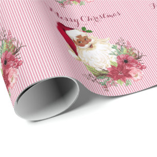 Cranberry Floral Black Santa Stripe Poinsettia Wrapping Paper