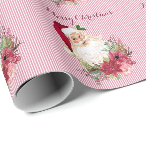 Cranberry Floral Santa Claus Stripe Poinsettia Wrapping Paper