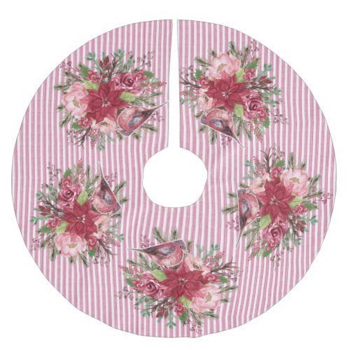Cranberry Floral Ticking Stripe Poinsettia Floral Brushed Polyester Tree Skirt