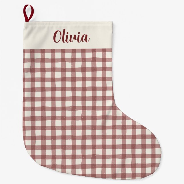 Cranberry Gingham Red Maroon Large Christmas Stocking (Front)
