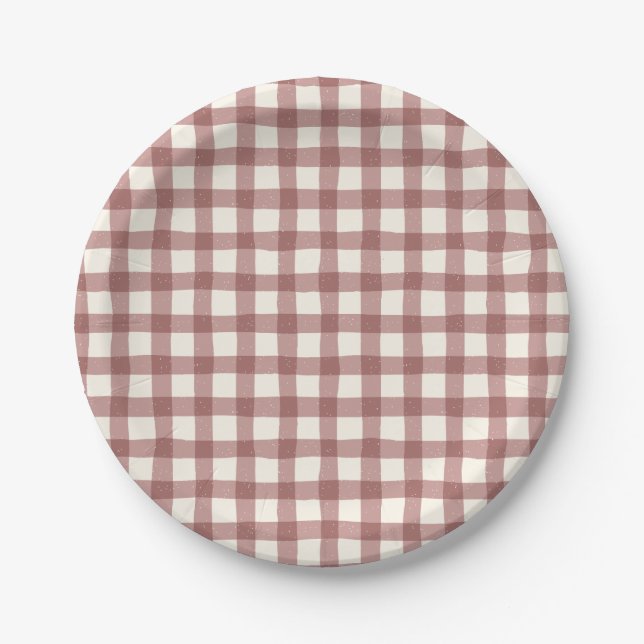 Cranberry Gingham Red Maroon Paper Plates (Front)