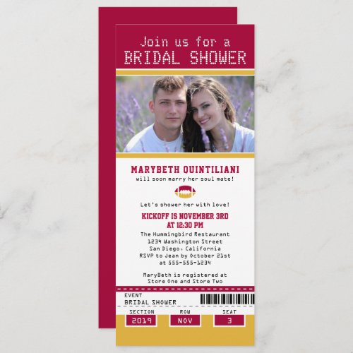 Cranberry Gold Football Ticket Bridal Shower Invitation