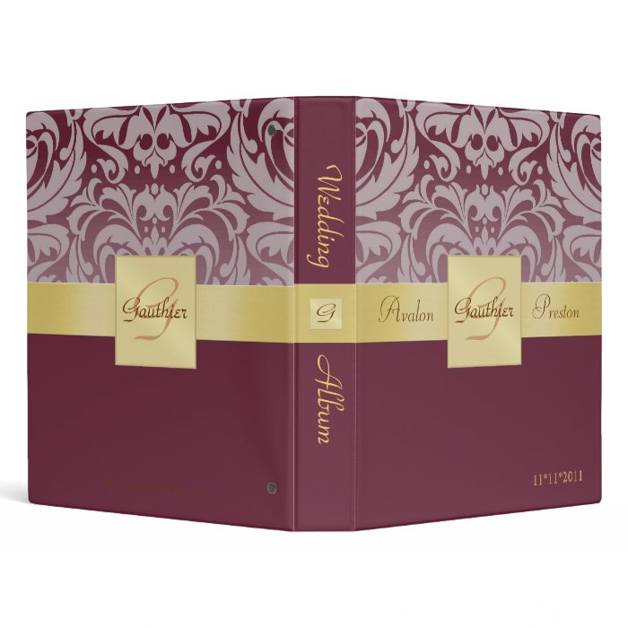 Cranberry Half Damask Gold Ribbon Wedding Album 3 Ring Binder