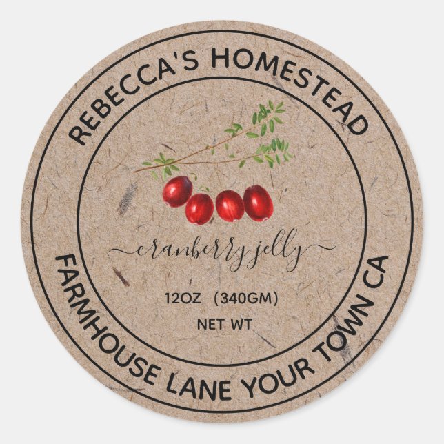 Cranberry Jelly Kraft Paper Canning Jar Labels (Front)