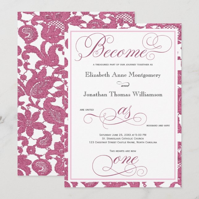 Cranberry Lace Become as One Christian Wedding Invitation (Front/Back)