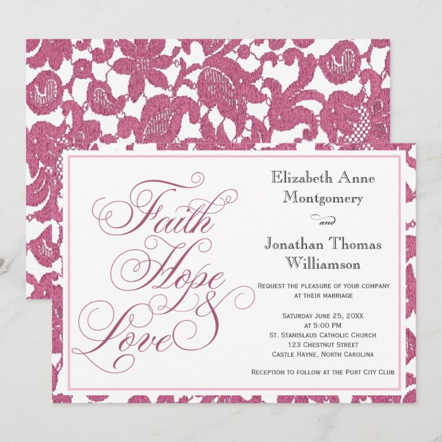 Cranberry Lace Faith Hope & Love Wedding Invitation (Front/Back)
