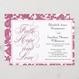 Cranberry Lace Script Faith Hope & Love Wedding Invitation