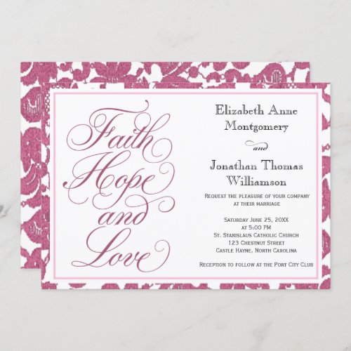 Cranberry Lace Script Faith Hope  Love Wedding Invitation