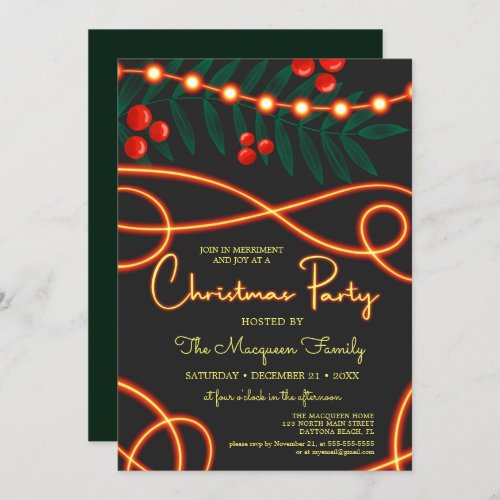 Cranberry Leaves Hanging Lights Christmas Party Invitation