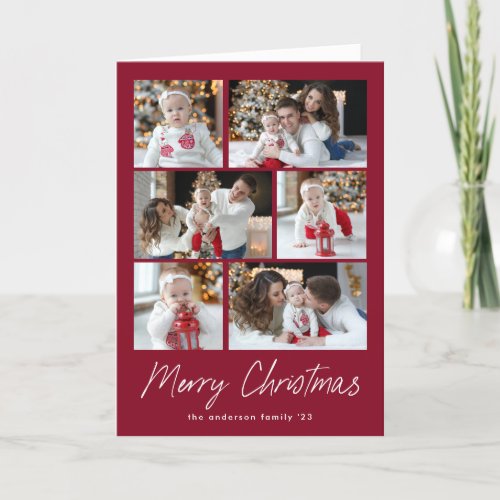 Cranberry Merry Christmas Script 6 Photo Collage Holiday Card