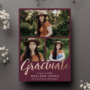 Cranberry Modern Script 4 Photos Graduation Party Foil Invitation