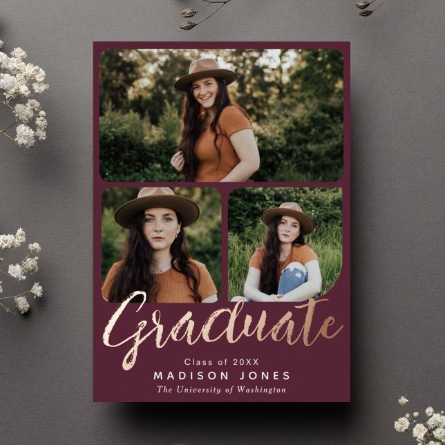 Cranberry Modern Script 4 Photos Graduation Party Foil Invitation (Creator Uploaded)