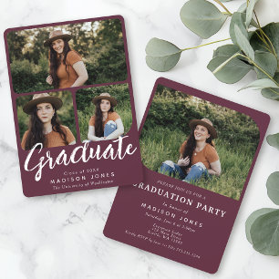 Cranberry Modern Script 4 Photos Graduation Party Invitation