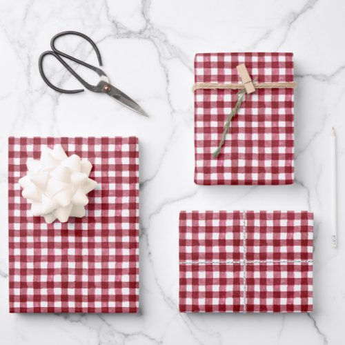 Cranberry Plaid Wrapping Paper Flat Sheet Set of 3