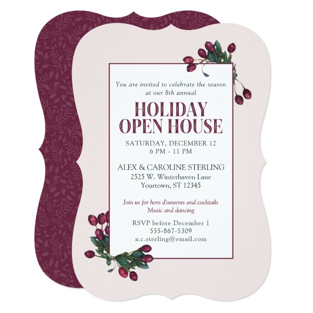 Cranberry Plum Elegant Botanical Holiday Invitation