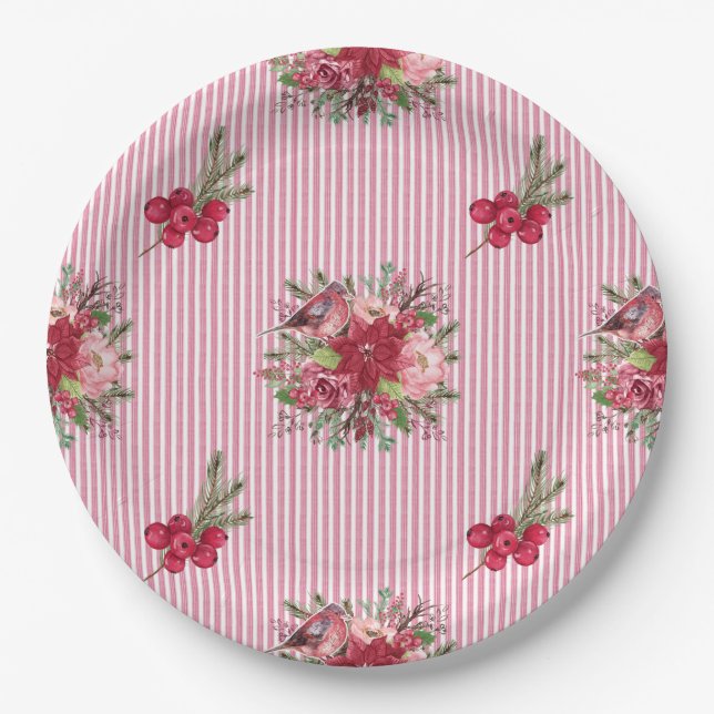 Cranberry Poinsettia Bird Floral Stripe Paper Plates (Front)