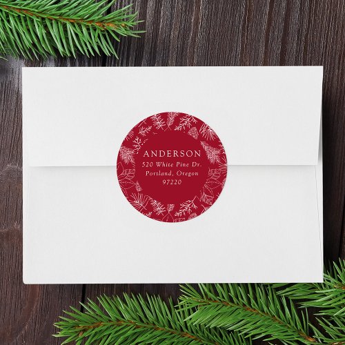 Cranberry Poinsettias and Pinecones Return Address Classic Round Sticker