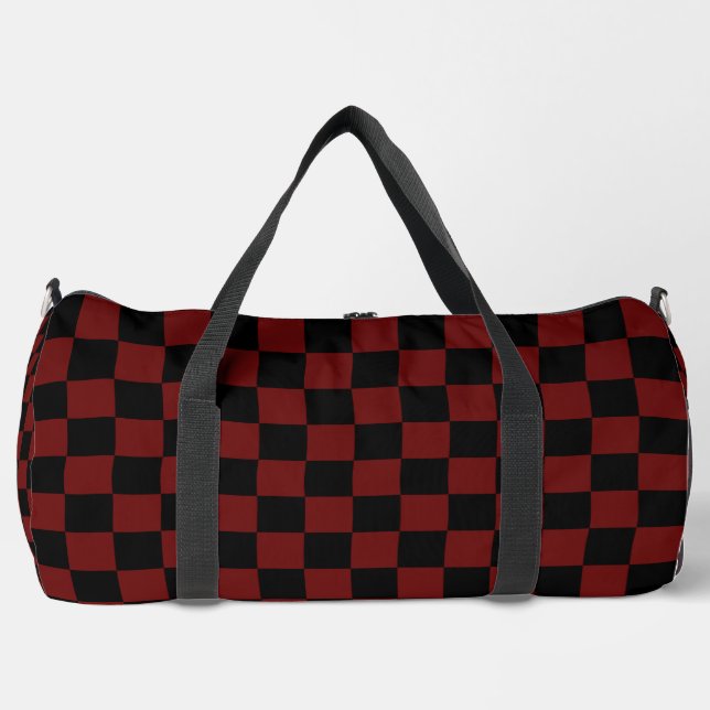 Cranberry Red and Black Checkerboard Pattern Duffle Bag (Front)