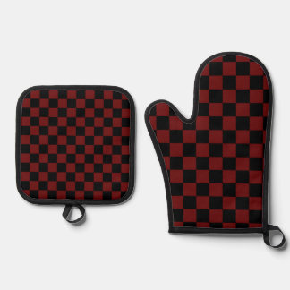 Cranberry Red and Black Checkerboard Pattern Oven Mitt & Pot Holder Set