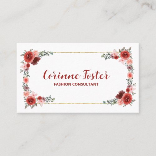 Cranberry Red and Blush Pink Floral Gold Foil  Business Card