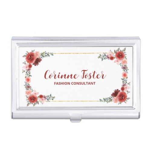 Cranberry Red and Blush Pink Floral Gold Foil  Business Card Case