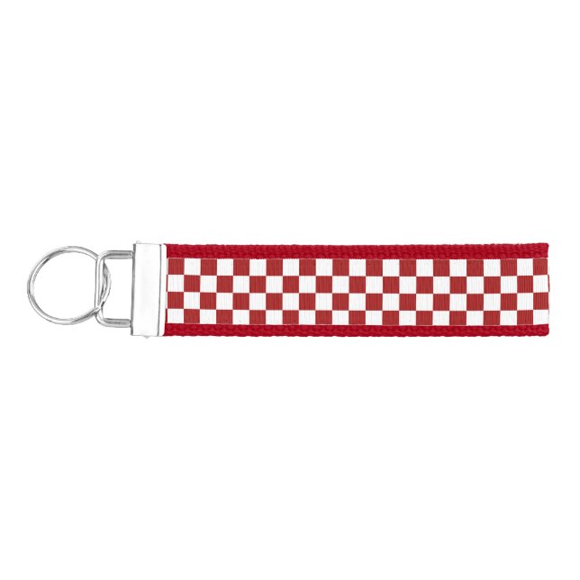 Cranberry Red and White Checkerboard Pattern Wrist Keychain (Keys on Left)