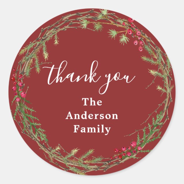 Cranberry Red Christmas Wreath Thank You Classic Round Sticker (Front)