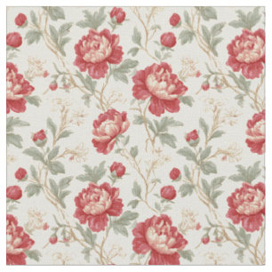 Cranberry Red & Cream Vintage Floral Chintz Fabric
