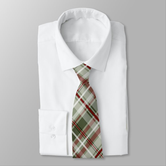 cranberry red dark green Christmas plaid Tie (Tied)