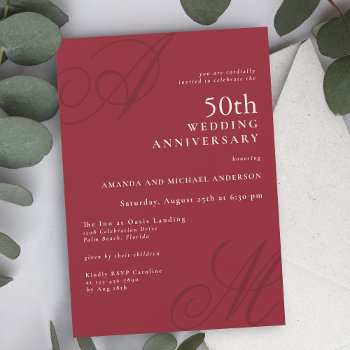 Cranberry Red Elegant Monogram 50th Anniversary Invitation by Oasis_Landing at Zazzle